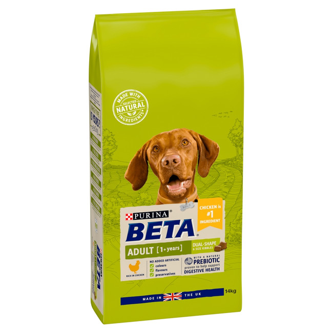 Green dog food bag, Beta Adult Chicken, with a dog illustration, 14kg.