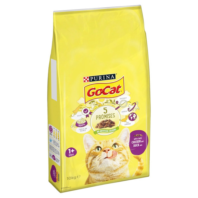 Yellow Go-Cat cat food bag with a cat illustration, chicken and duck mix, and 10kg weight.