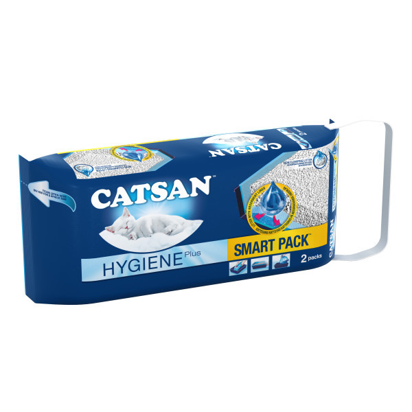 Catsan Smart Pack cat litter, blue packaging, white cat illustration, angled view, handle.
