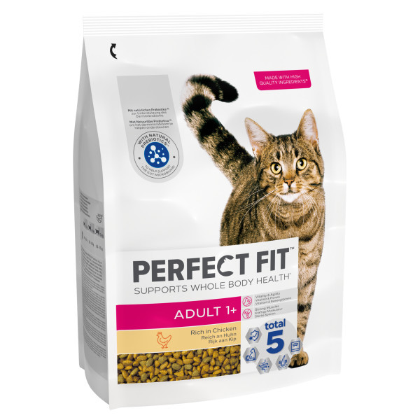 Perfect Fit cat food bag, adult 1+ chicken, with a cat illustration, white and pink packaging.
