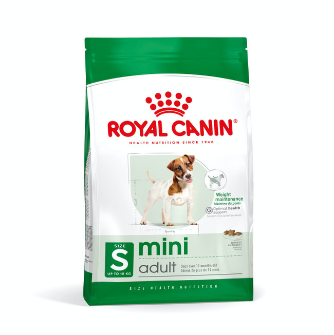 Royal Canin Mini Adult dog food bag, green and white, with a dog illustration.