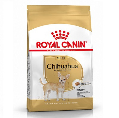 Royal Canin Chihuahua Adult 3kg dog food bag, gold and white, with a Chihuahua illustration.