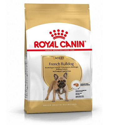Royal Canin French Bulldog adult dog food bag, gold and white, with a French Bulldog illustration.