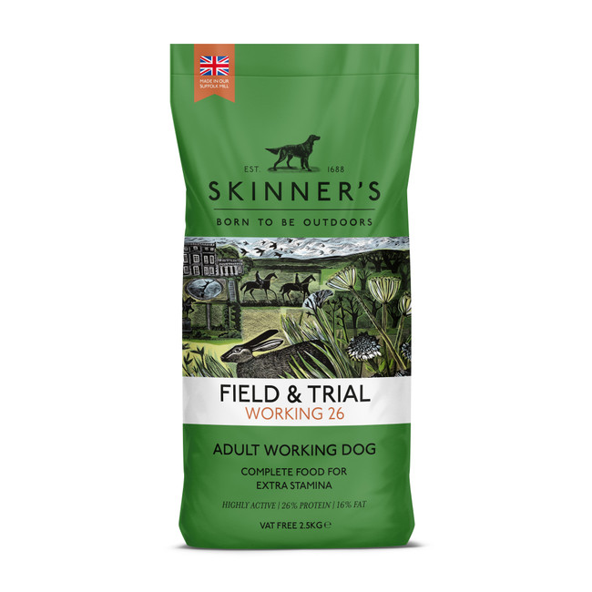 Green dog food bag, Skinners brand, Field & Trial Working 26, illustration of a dog, hare, and countryside scene.
