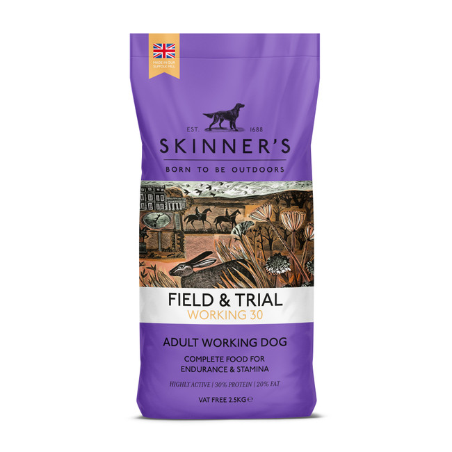 Purple Skinners dog food bag, illustration of dog, rabbit, and riders, "Field & Trial Working 30" text.
