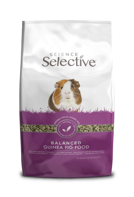 Bag of Supreme Science Selective Guinea Pig food, white and purple, with guinea pig image.