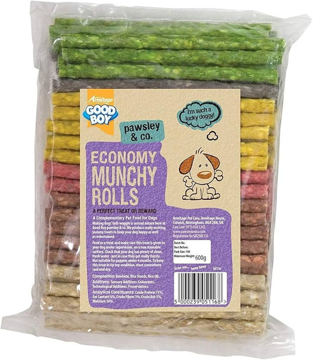 Pack of Good Boy Munchy Rolls, assorted colours, in clear plastic.