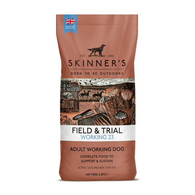 Brown dog food bag, Skinners Field & Trial, illustration, text, "Working 23", "Adult Working Dog".