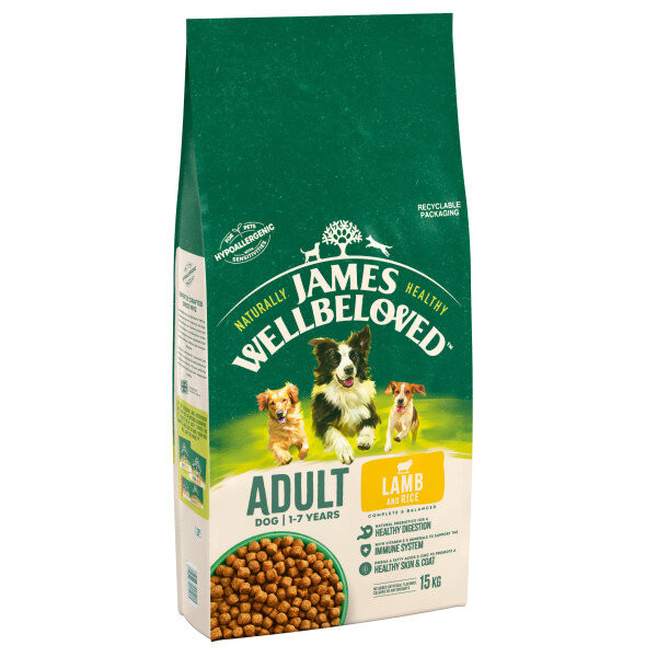 Green bag of James Wellbeloved Adult Lamb & Rice dog food, with dogs and kibble visible.