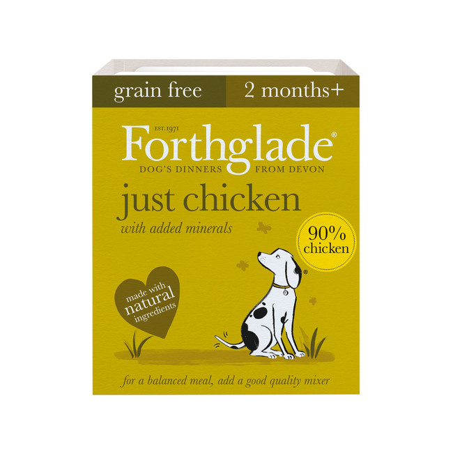 Dog food tray, yellow, Forthglade, "just chicken" label, dog illustration, "grain free" text.