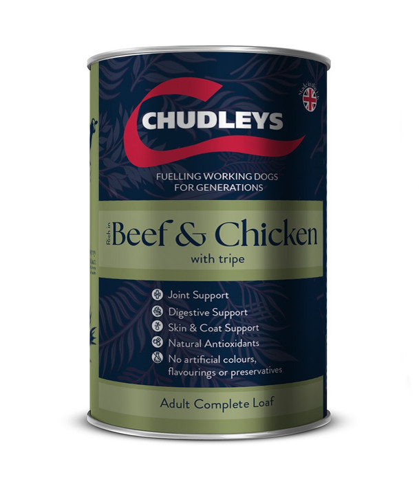 Chudleys Beef & Chicken dog food tin, green and navy, with text and logo.