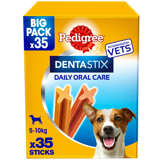 Yellow box of Pedigree Dentastix, with a smiling dog. Contains 35 sticks, recommended by vets.