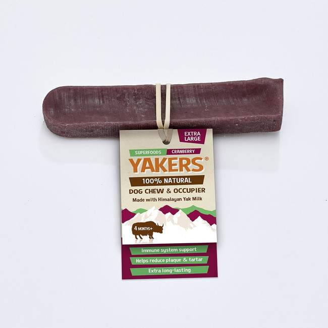 Yakers Cranberry Dog Chew Extra Large, maroon chew with attached label, white background.
