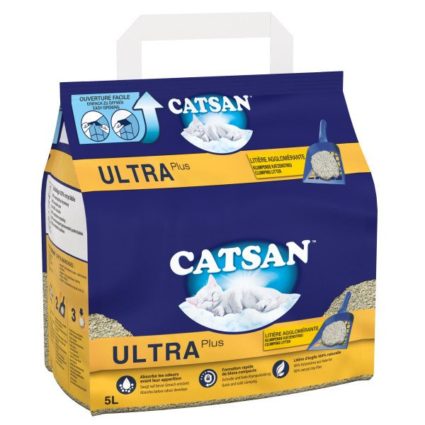 Catsan Ultra Plus clumping cat litter bag. Blue and yellow packaging with a white handle.