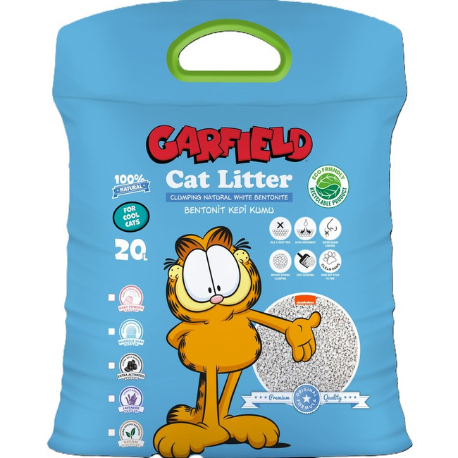 Blue bag of Garfield cat litter with Garfield cartoon character.