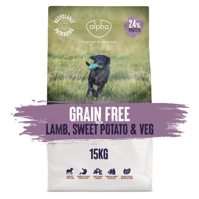 Dog food bag, Alpha brand, grain-free, lamb, sweet potato & veg, with dog image, green and white.