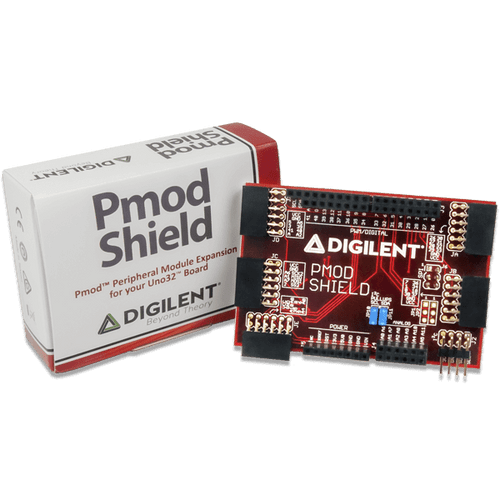 Pmod Shield: Adapter Board for Uno R3 Standard to Pmod product image displaying the custom Digilent cardboard packaging. 
