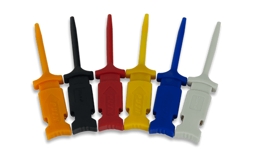 Product image of the 6-pack of Mini Grabber Test Clips for use with Instrumentation Flywires. Colors of Mini Grabbers may vary depending on our manufacturing suppliers.