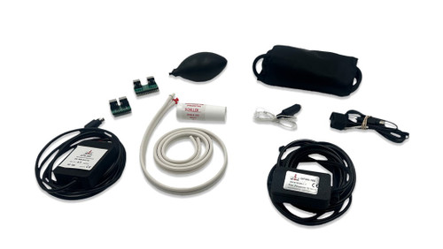 Product image of the BioInstrumentation Sensors Package and the included components for the Analog Discovery Studio and Studio Max.