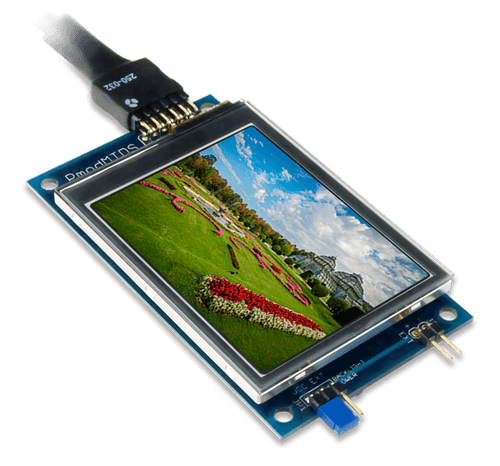 PMOD MTD的产品图像：在屏幕上显示示例图像的多点触控显示系统。USB电缆不包括在内。