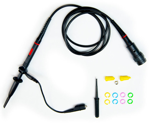 Product image of the P2150 Oscilloscope Probe and the included components. 