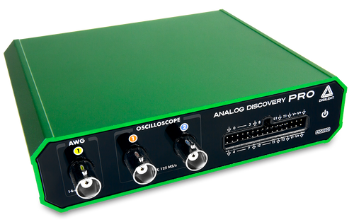 Product image of the Analog Discovery Pro ADP2230 displayed at an angle. 