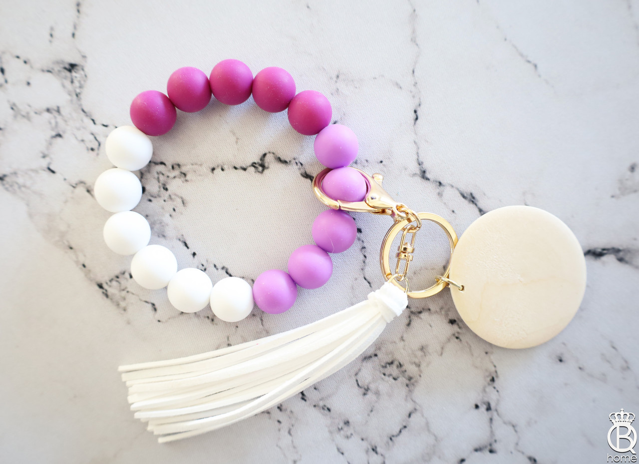 Multicolor Silicone Silicone Bead Keychain With Tassel, Wood Beads