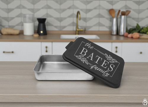 Engraved Aluminum Cake Pan + Lid: Family Name Leaf Design