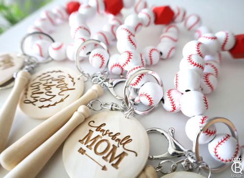 READY TO SHIP Baseball Wooden Bead Keychain Bracelet