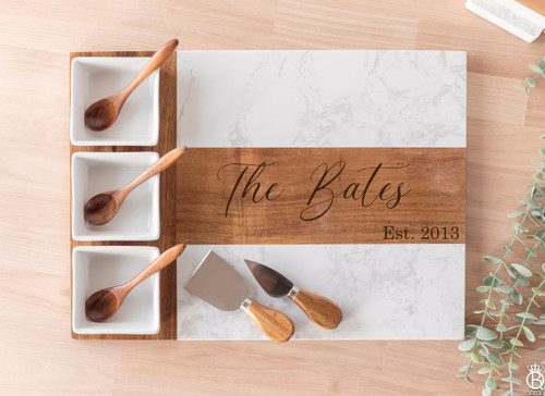 Marble Acacia Charcuterie Serving Board: Last Name Script Marble Acacia Charcuterie Serving Board: Last Name Script