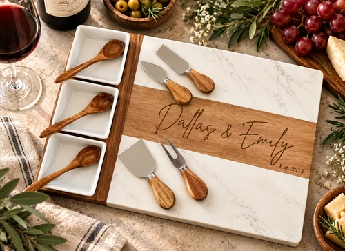 Marble Acacia Charcuterie Serving Board: Couples Names Modern Font