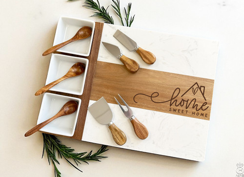 Marble Acacia Charcuterie Serving Board: Home Sweet Home Marble Acacia Charcuterie Serving Board: Home Sweet Home