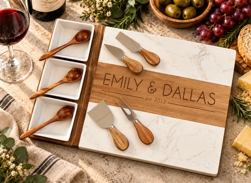 Marble Acacia Charcuterie Serving Board: Couples Names Modern Print Font