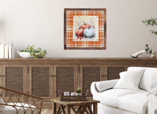 Pumpkin Trio On Orange Plaid Framed Wood Sign [The Storybook Autumn Collection]