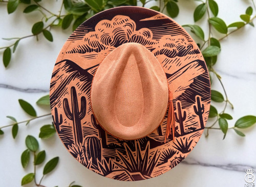 Engraved Vegan Leather Wide Brim: Desert Landscape Design Engraved Vegan Leather Wide Brim: Desert Landscape Design