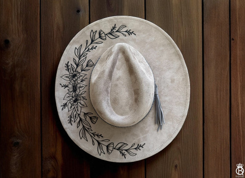 Engraved Vegan Leather Wide Brim: Half Floral Design Engraved Vegan Leather Wide Brim: Half Floral Design