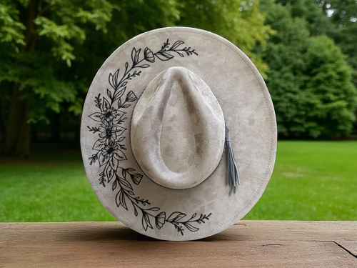 Engraved Vegan Leather Wide Brim: Half Floral Design Engraved Vegan Leather Wide Brim: Half Floral Design
