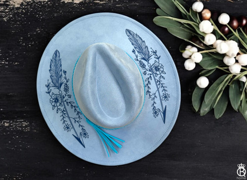 Engraved Vegan Leather Wide Brim: Arrow Of Wildflowers Design Engraved Vegan Leather Wide Brim: Arrow Of Wildflowers Design