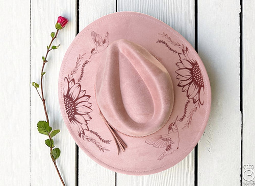 Engraved Vegan Leather Wide Brim: Hummingbird Bloom Engraved Vegan Leather Wide Brim: Hummingbird Bloom
