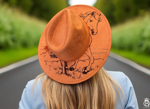 Engraved Vegan Leather Wide Brim: Wild Mustang Engraved Vegan Leather Wide Brim: Wild Mustang