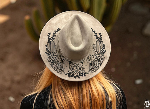 Engraved Vegan Leather Wide Brim: Desert Bloom Design Engraved Vegan Leather Wide Brim: Desert Bloom Design