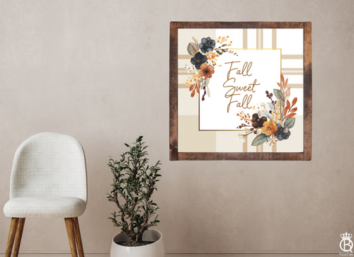 READY TO SHIP: Fall Sweet Fall Sign: Blue & Rust Watercolor Floral with Warm Ombre Plaid