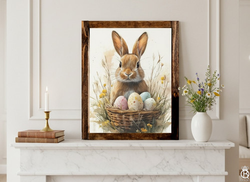 Easter Basket Bunny Art Wood Sign [Springtime Cottage Collection]