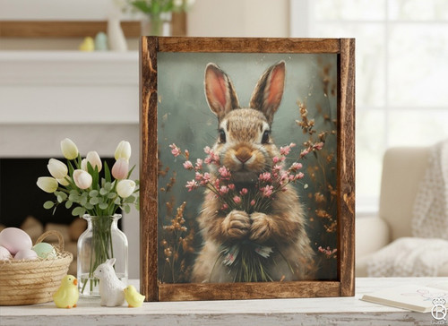 READY TO SHIP: Cottage Bunny with Bouquet Wood Sign