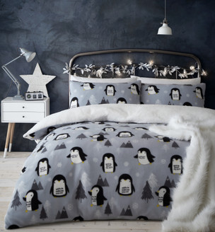 Catherine Lansfield Cosy Penguin Fleece Grey Soft Warm Cosy Duvet Cover Set