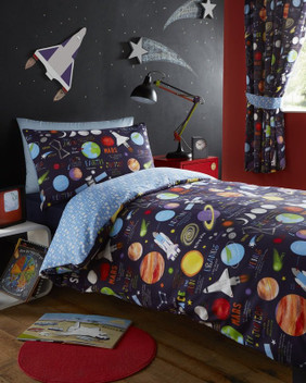 Planets Space Stars Rockets Kids Reversible Bedding Curtains Matching Range