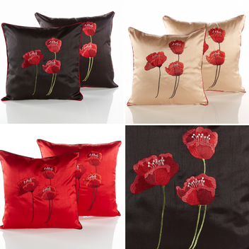 Poppies Floral Faux Silk Embroidered Hollowfibre Filled Cushion