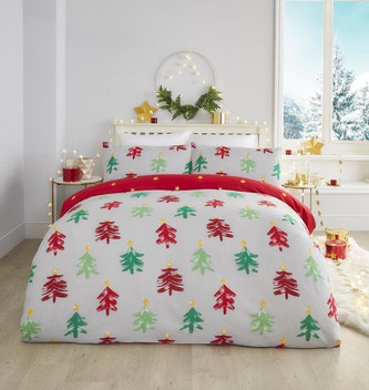 Festive Trees Stars Christmas Brushed Cotton Reversible Duvet Cover Set