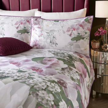 Lotus Floral Print Piped Edging 100% Cotton Sateen Duvet Cover Set