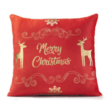Merry Christmas Reindeer Festive Red Velvet Gold Detail Unfilled Cushion Cover
